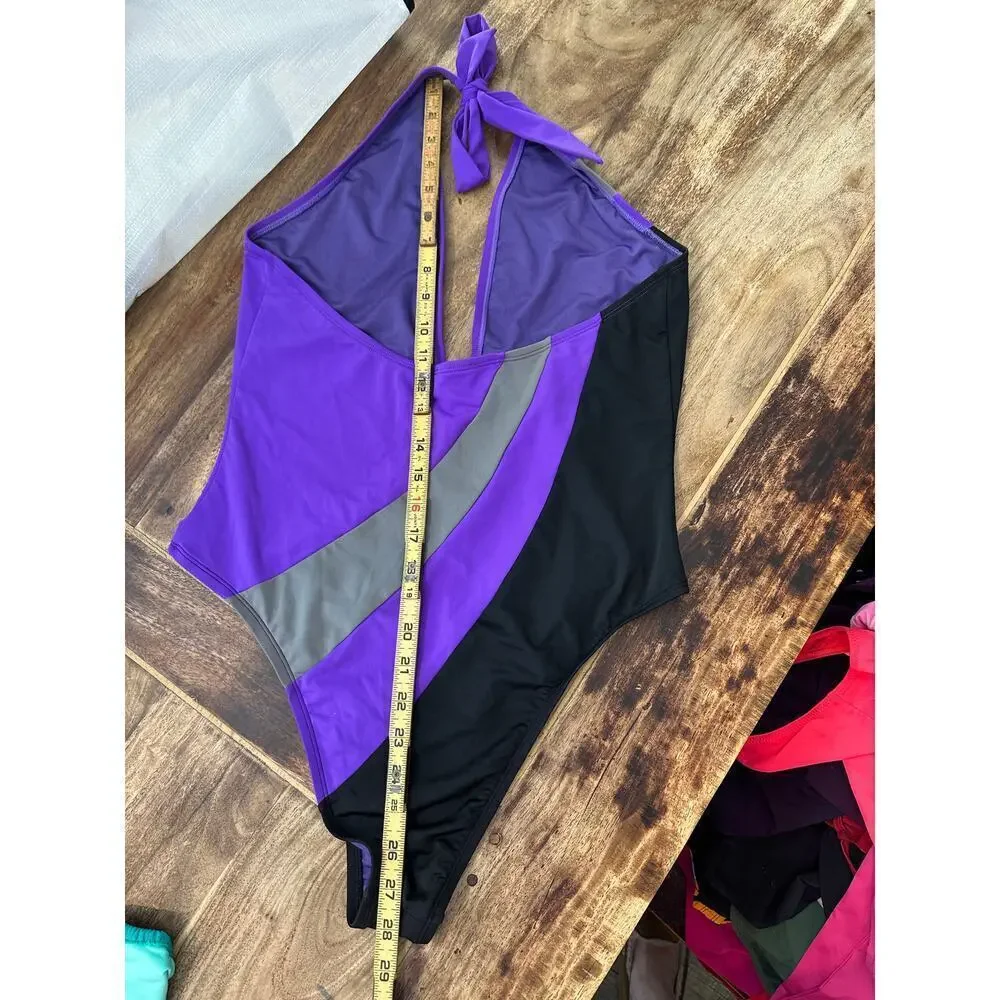 ICON Swim Purple High-Cut Cheeky Plunge Halter One-Piece Swimsuit Size XXL